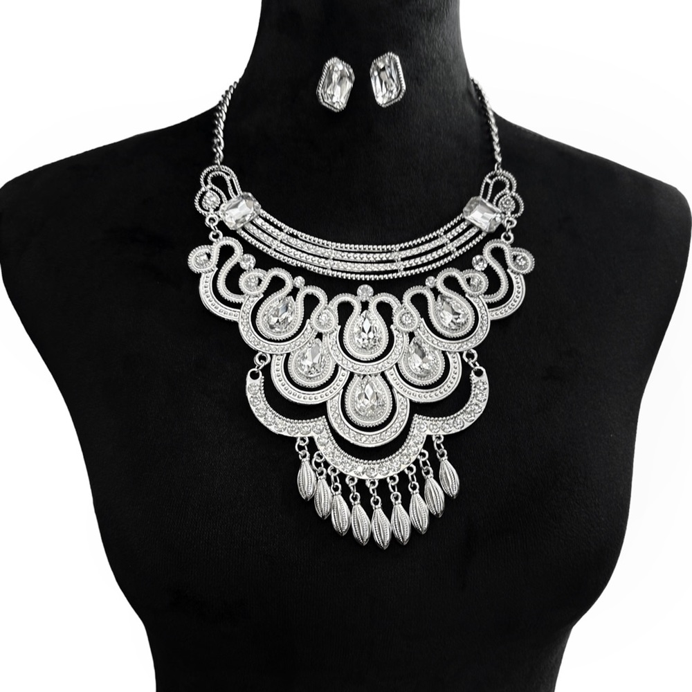 Large Bollywood Style Statement Silver Rhinestone Necklace